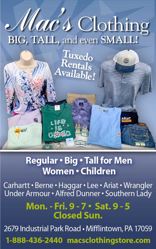 Mac's Clothing <center>Mac's Clothing | <b><a href="https://www.macsclothingstore.com" target="_blank" rel="noopener noreferrer">CLICK HERE to view the website</a></b></center>