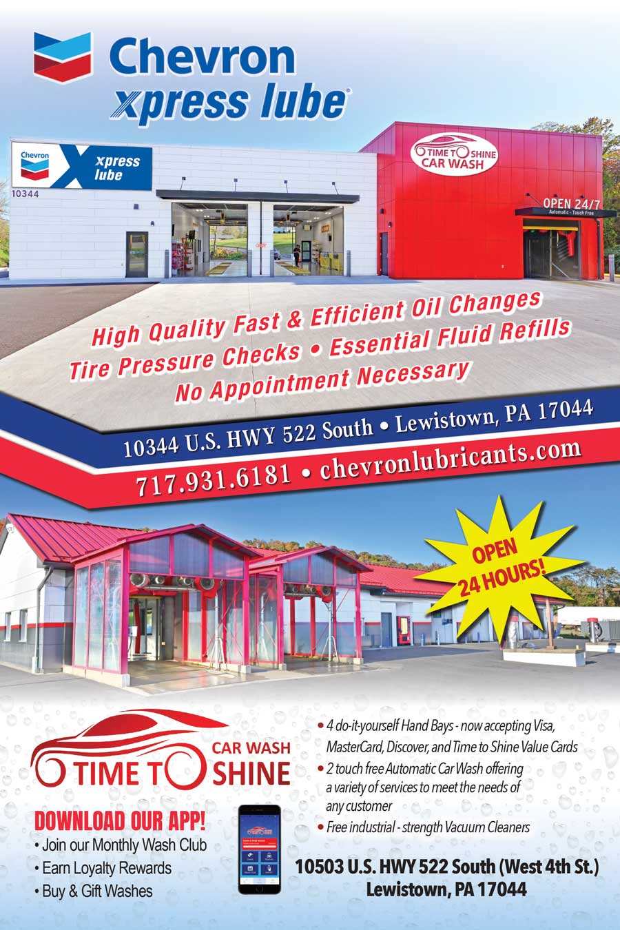 Chevron Xpress Lube • Time to Shine Car Wash <center>Chevron Xpress Lube | <b><a href="https://www.chevronlubricants.com/" target="_blank" rel="noopener noreferrer">CLICK HERE to view the website</a></b></center><center>Time to Shine Car Wash | <b><a href="https://www.timetoshinewash.com/" target="_blank" rel="noopener noreferrer">CLICK HERE to view the website</a></b></center>